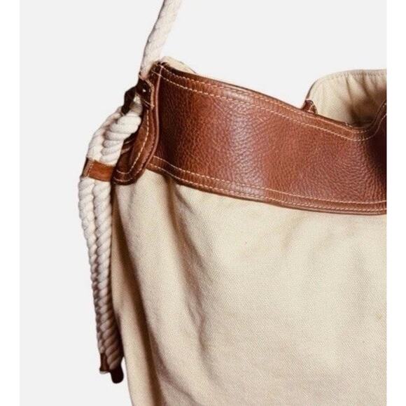 Vtg GAP Jeans Canvas Bucket Bag Tote Rope Cream Brown Leather Y2K 90s Hobo Purse - Picture 3 of 16